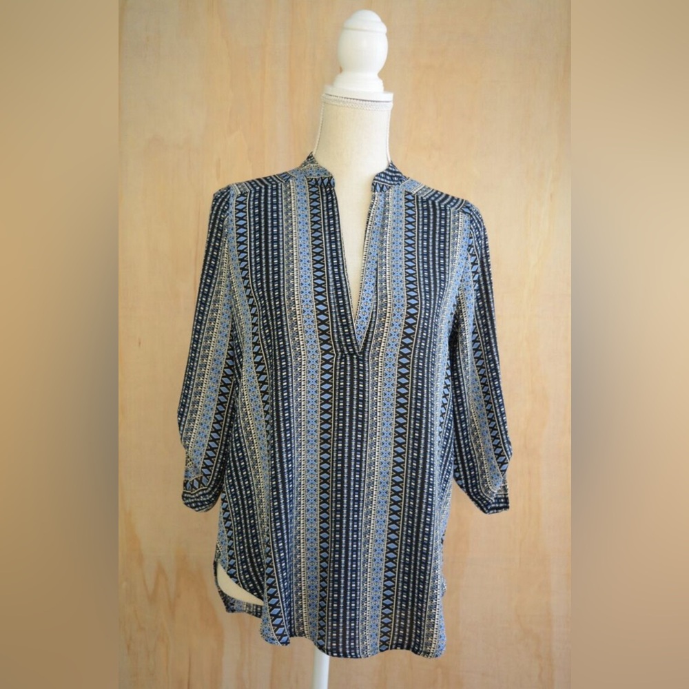Allison Joy Blue and White Graphic Tunic with Mandarin Collar